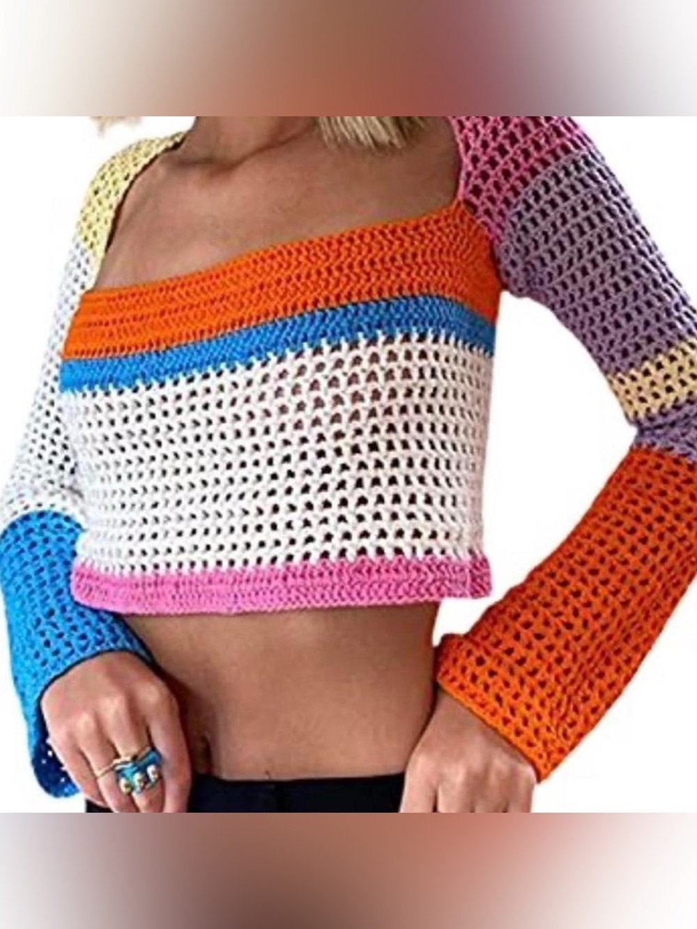 Colorblock Crochet Knit Bolero Shrug Multicolor Crop Layering Women’s M